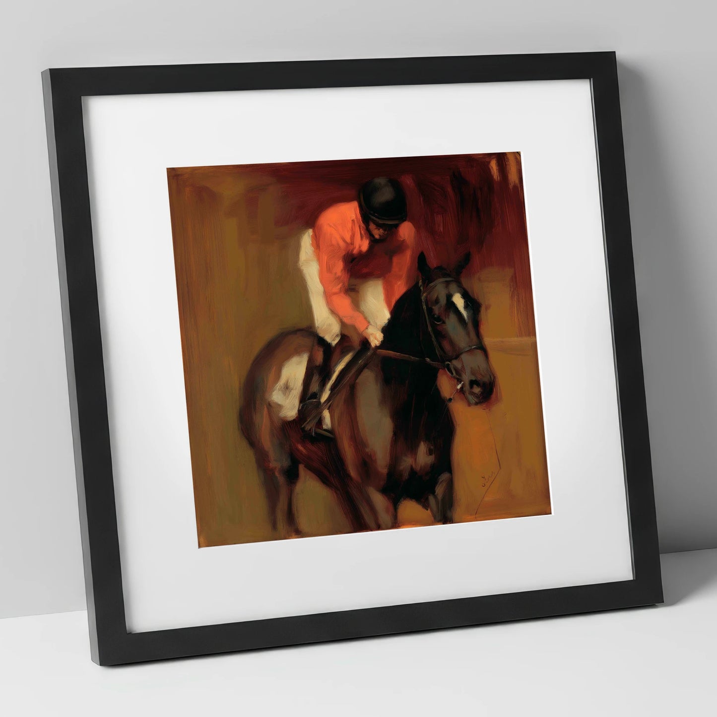 Trackside Shadows racing horse art print in black frame