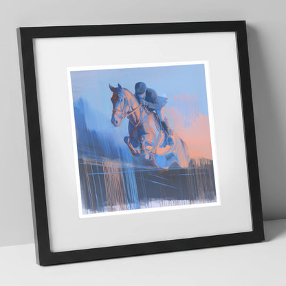 Suspended in Cobalt show jumping horse art print in black frame