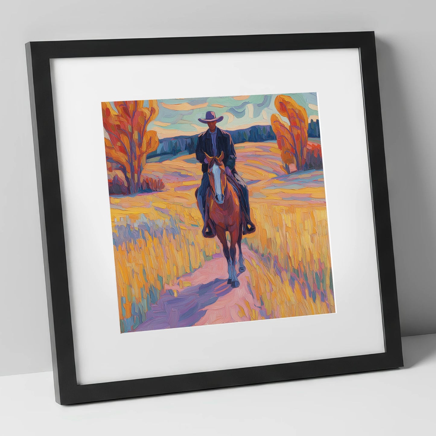Vibrant Western Trail western horse art print in black frame