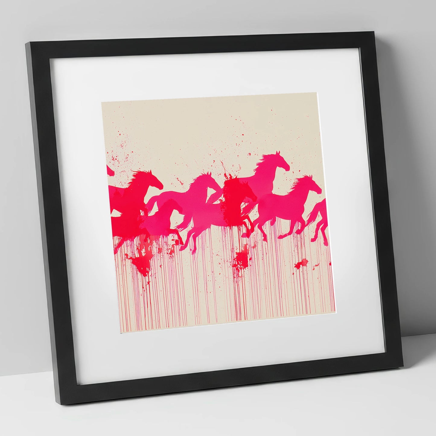 Vivid Magenta Herd wild horses art print in black frame