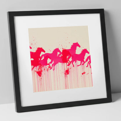 Vivid Magenta Herd wild horses art print in black frame