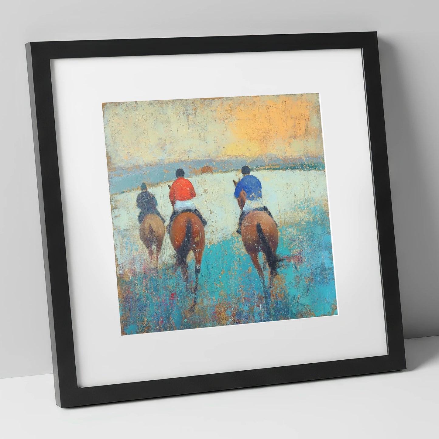 Heading to the Start racing horse art print in black frame