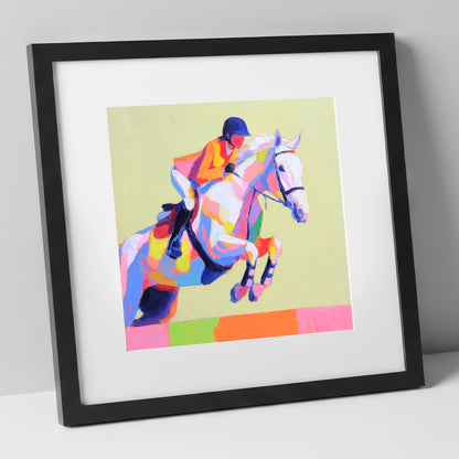 Technicolour Flight show jumping horse art print in black frame