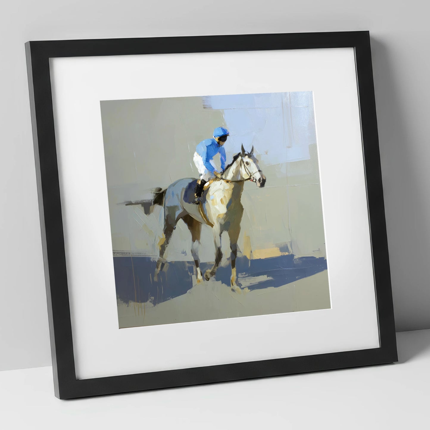 Blue Silks and Shadows racing horse art print in black frame