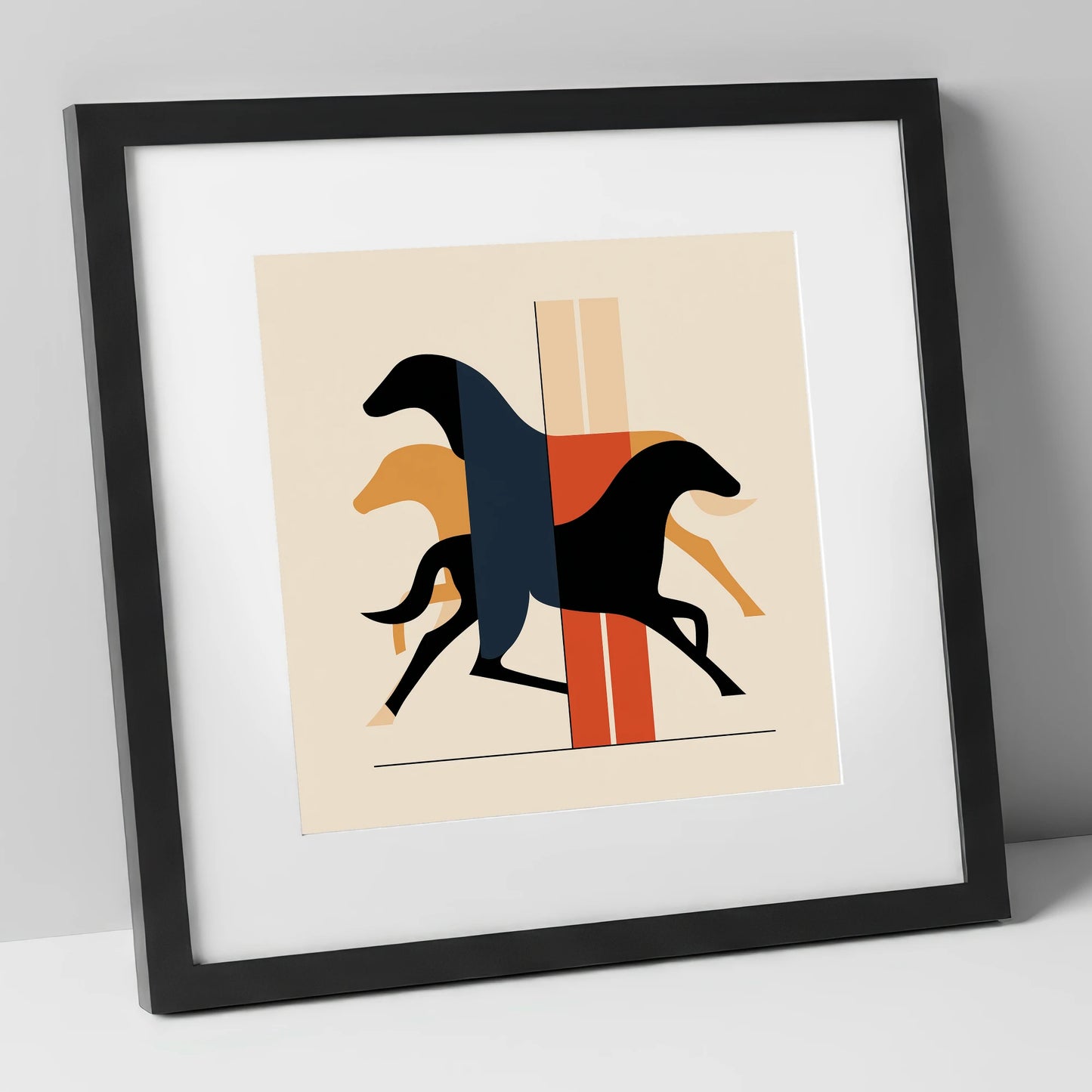 Geometric Gallop racing horse art print in black frame