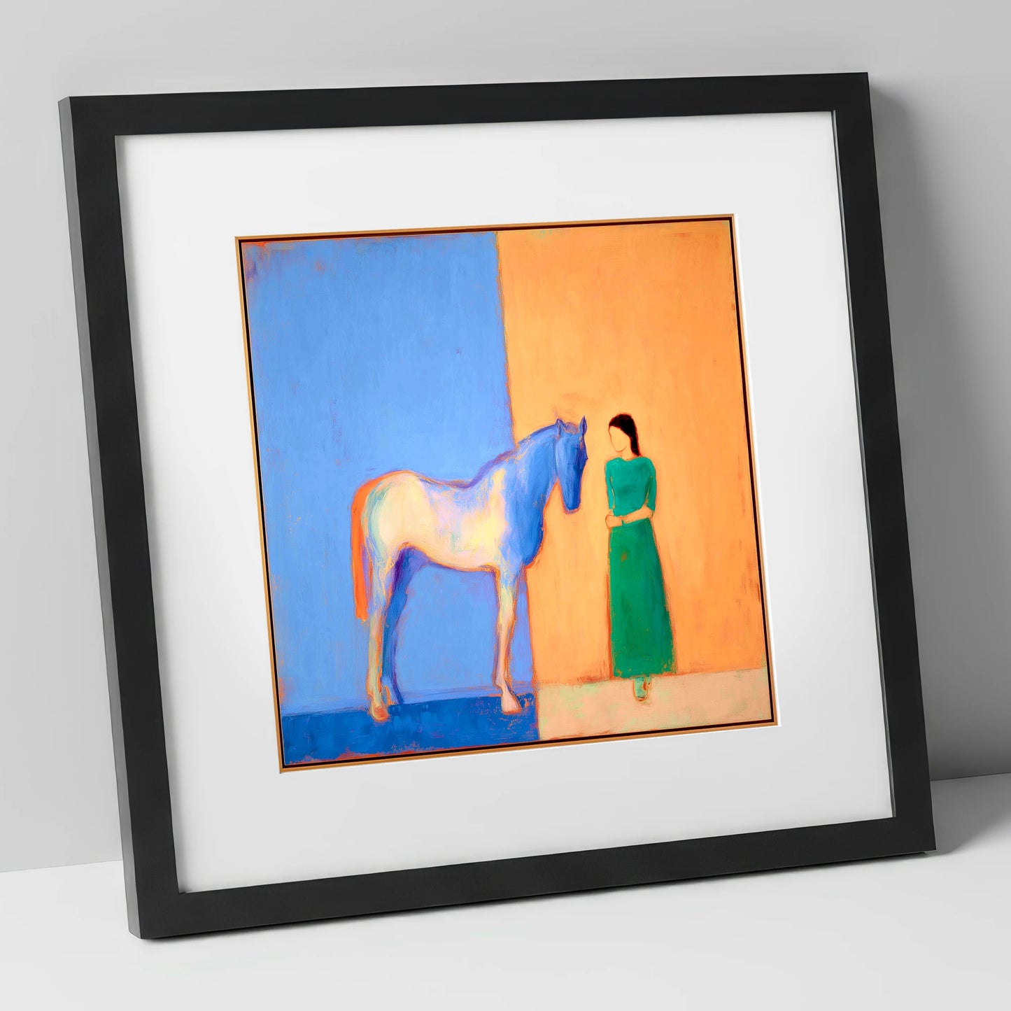 The Silent Dialogue horse & rider art print in black frame