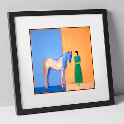 The Silent Dialogue horse & rider art print in black frame