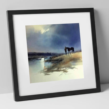 Storm Light Companions horse & rider art print in black frame