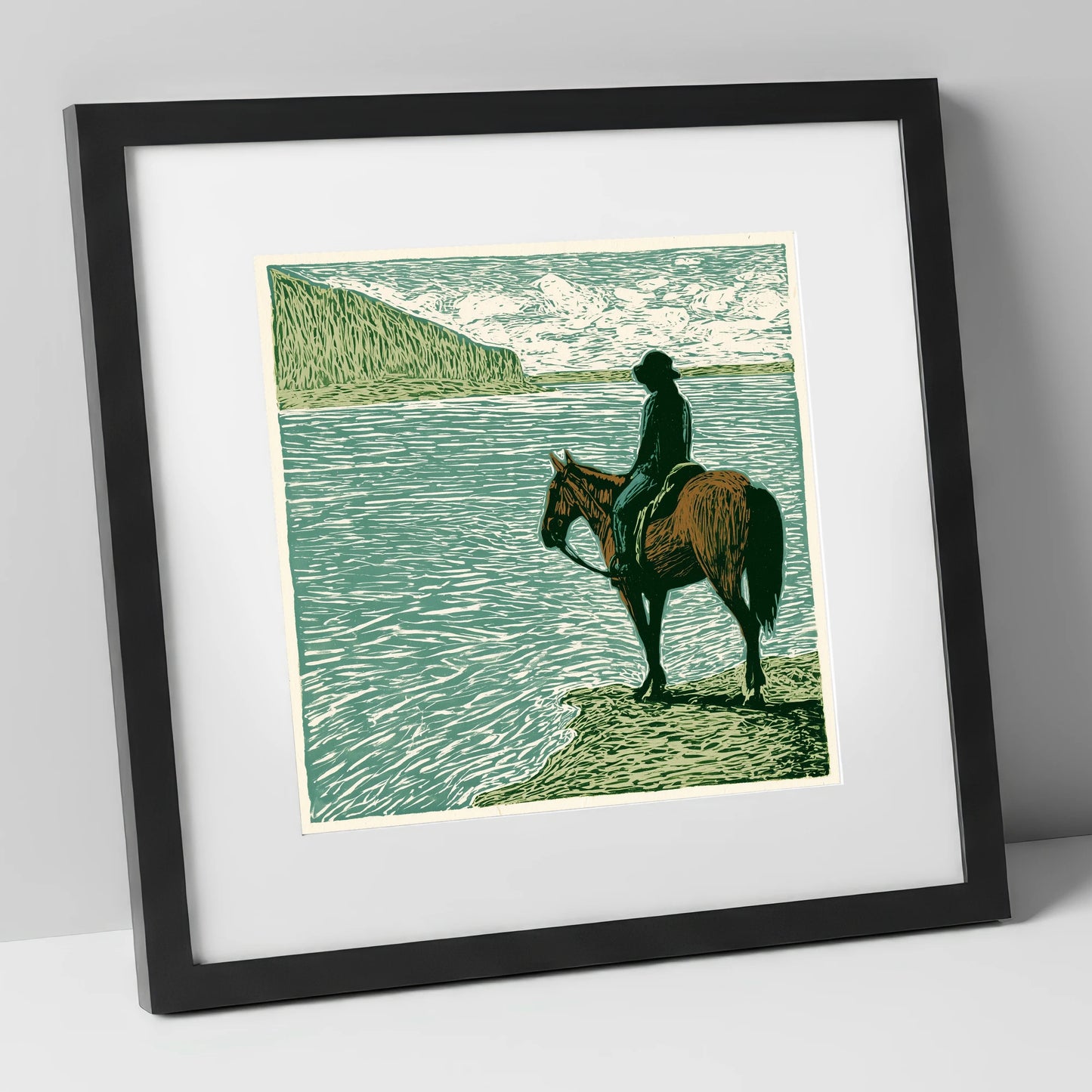 Watching the Tide beach horse art print in black frame