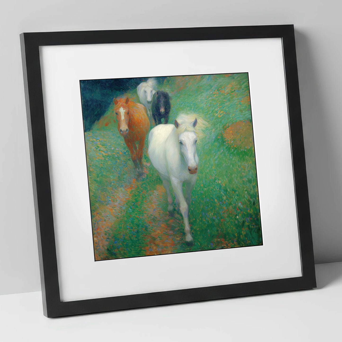 Vibrant Summer Herd horse landscape art print in black frame