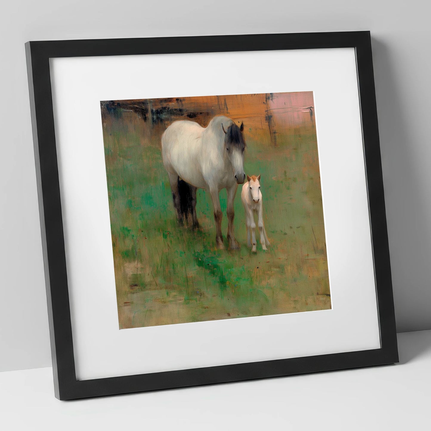 Quiet Pasture Companions mare & foal art print in black frame