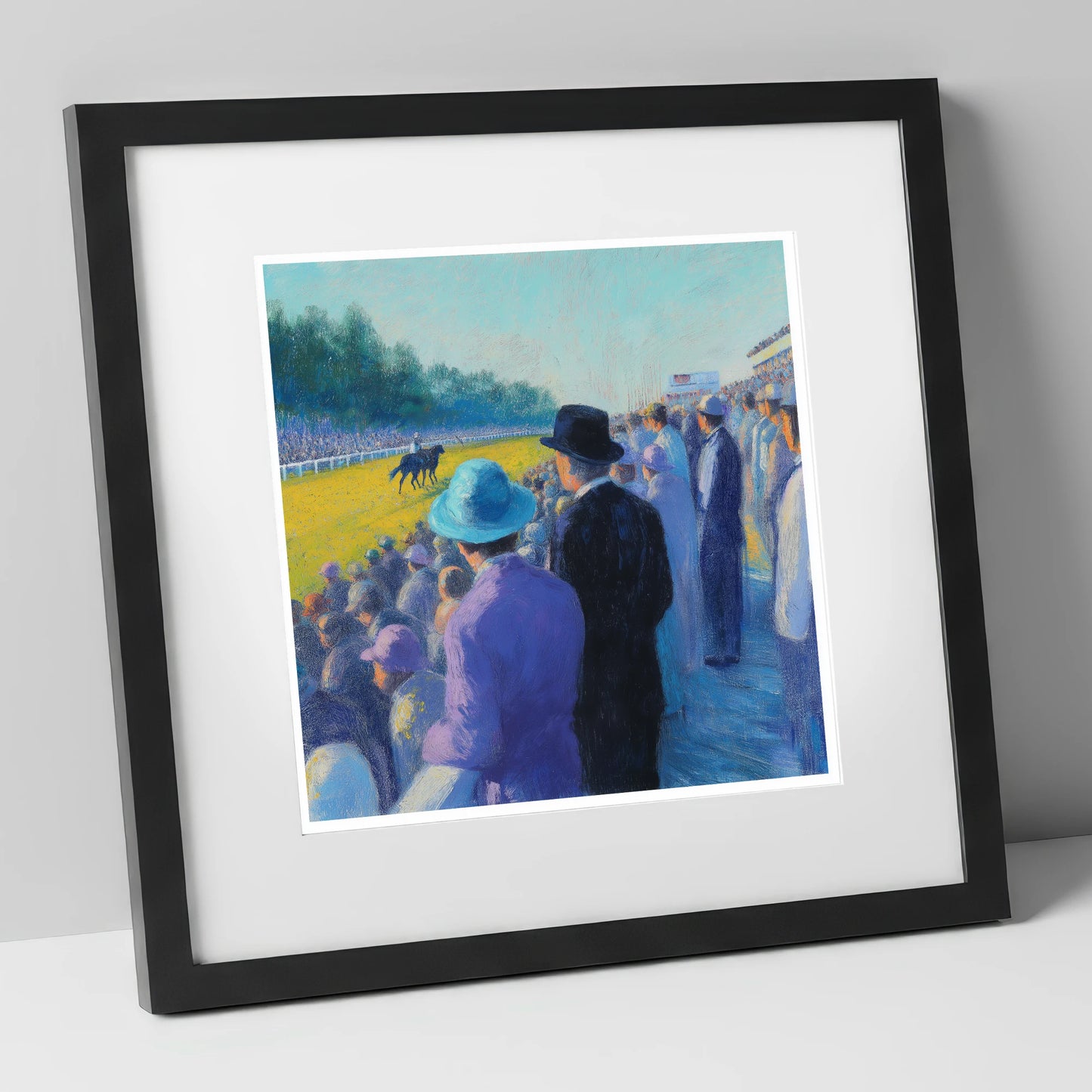 Shadows on the Turf racing horse art print in black frame