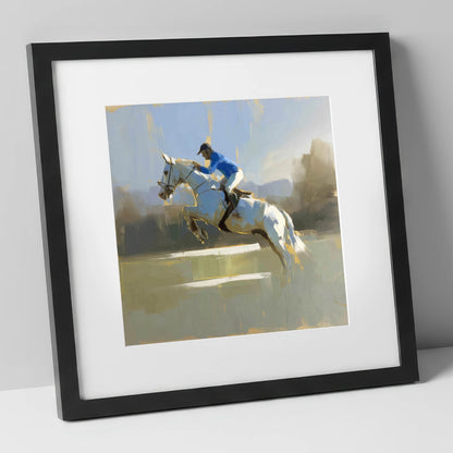 Flight in Blue show jumping horse art print in black frame