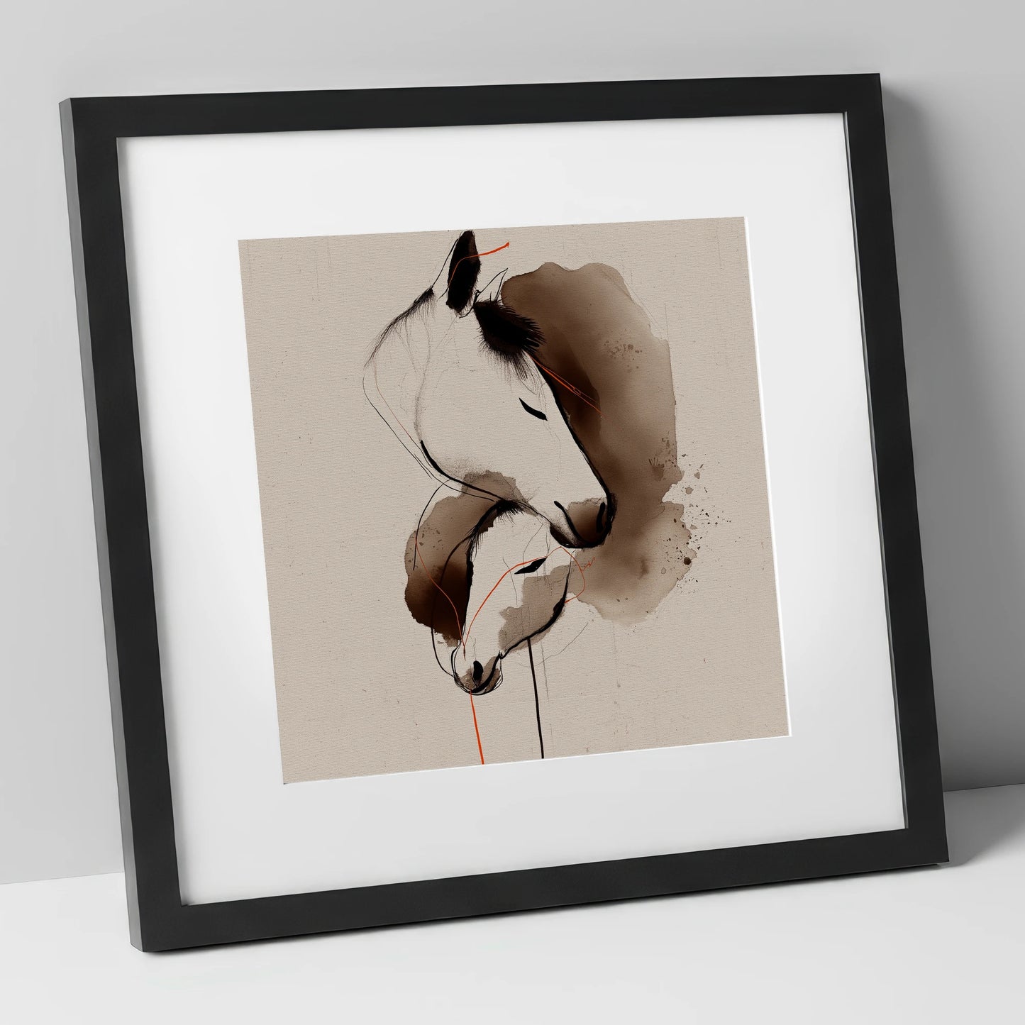 Tender Sepia Bond mare & foal art print in black frame