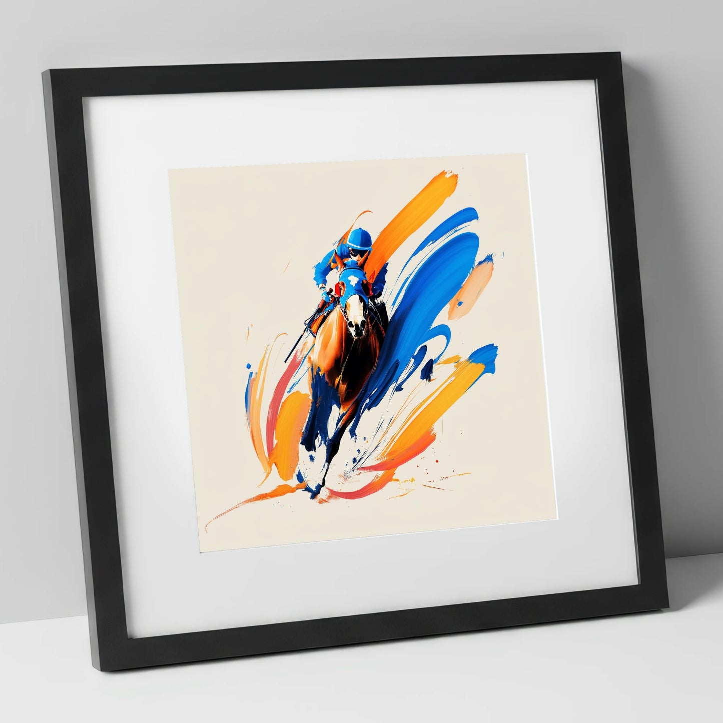Blue Silks Surging racing horse art print in black frame