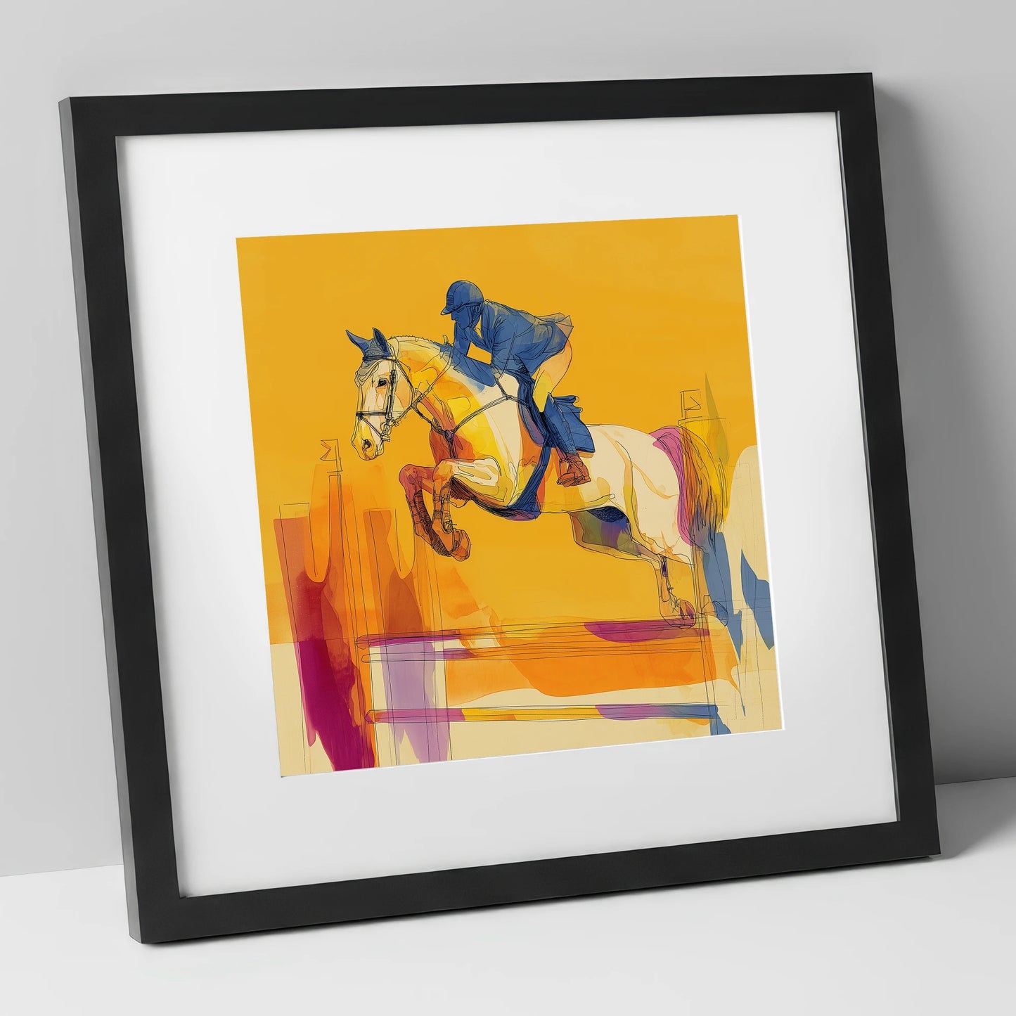 Flight In Gold show jumping horse art print in black frame