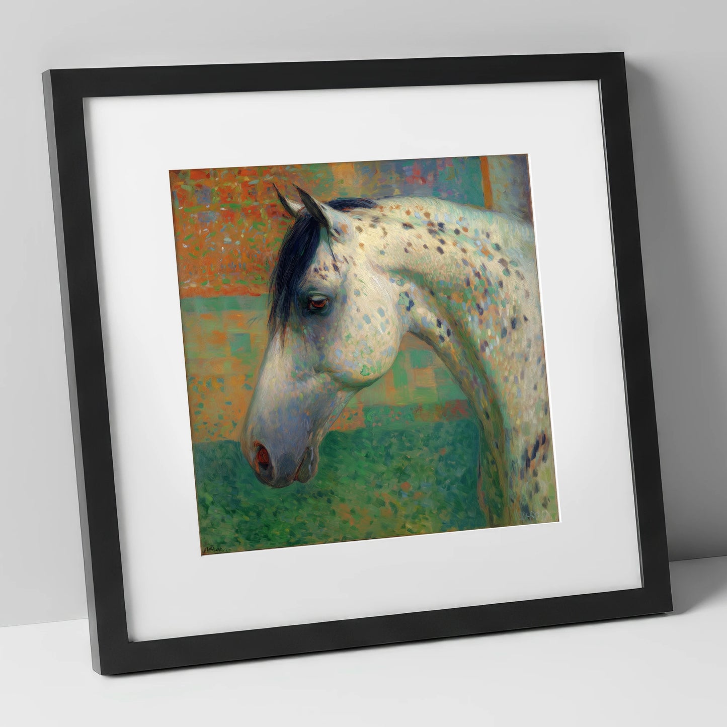 Vibrant Spotted Portrait horse breed art print in black frame