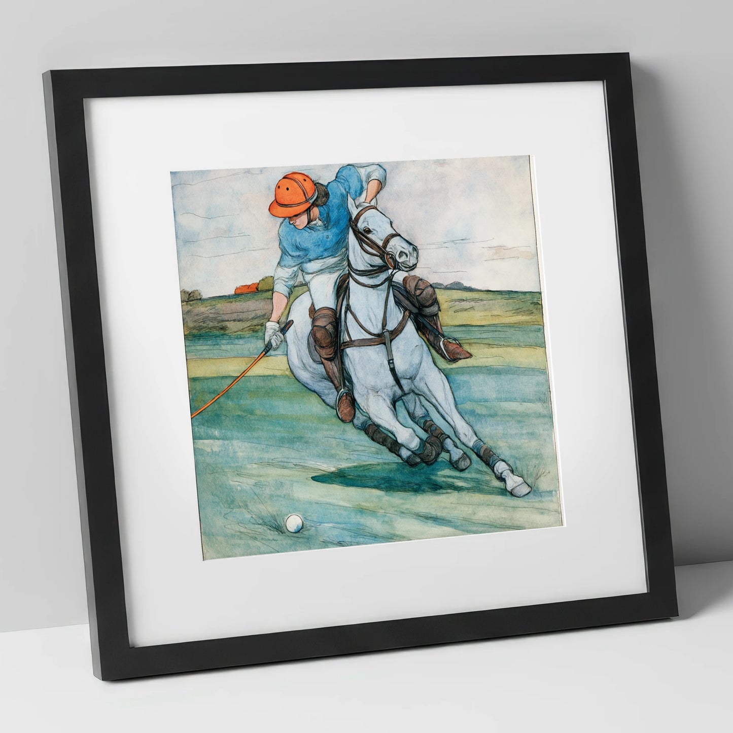 The Nearside Strike polo horse art print in black frame