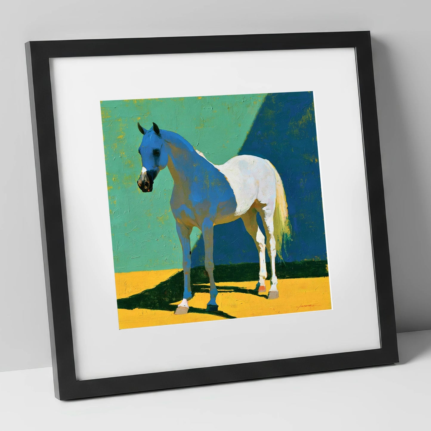 Grey Arabian with Blue Shadows horse breed art print in black frame