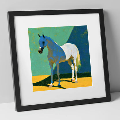 Grey Arabian with Blue Shadows horse breed art print in black frame