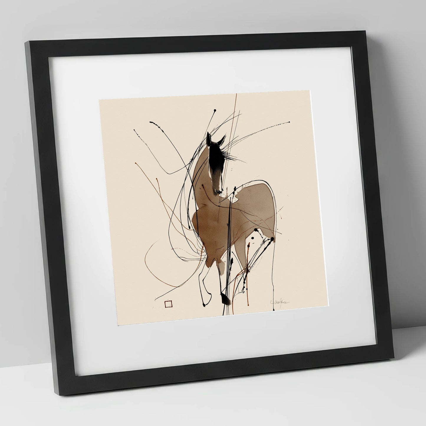 Dynamic Equine Silhouette horse portrait art print in black frame