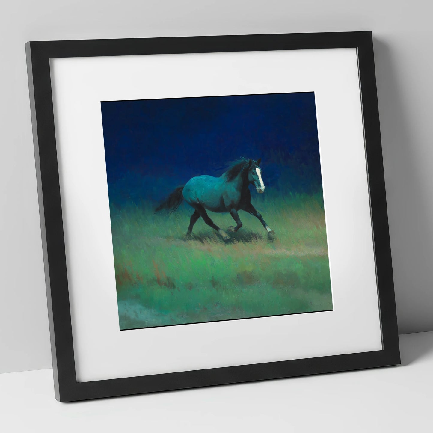 Midnight Canter horse landscape art print in black frame