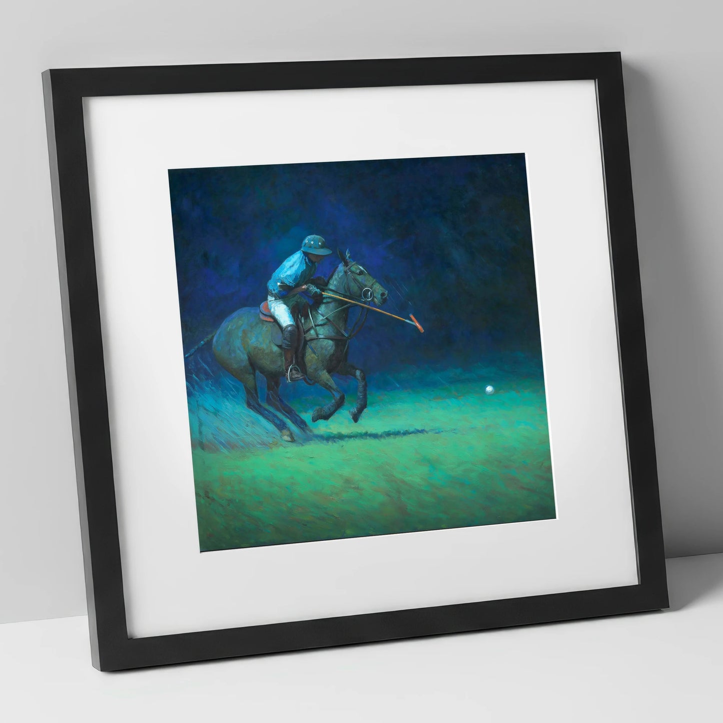 Midnight Chukka polo horse art print in black frame