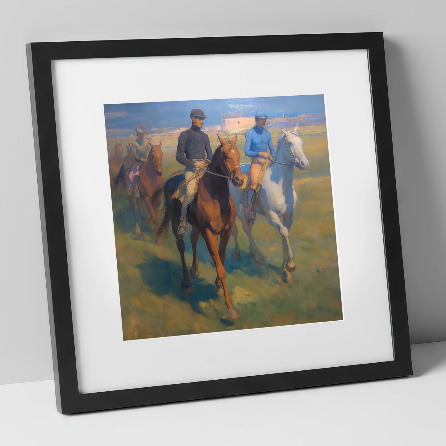 The Dawn String racing horse art print in black frame