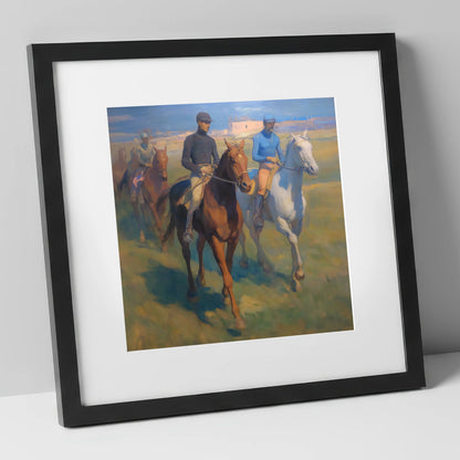 The Dawn String racing horse art print in black frame