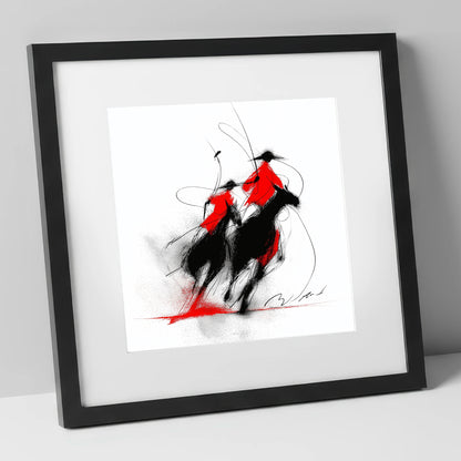 The Crimson Chukka polo horse art print in black frame