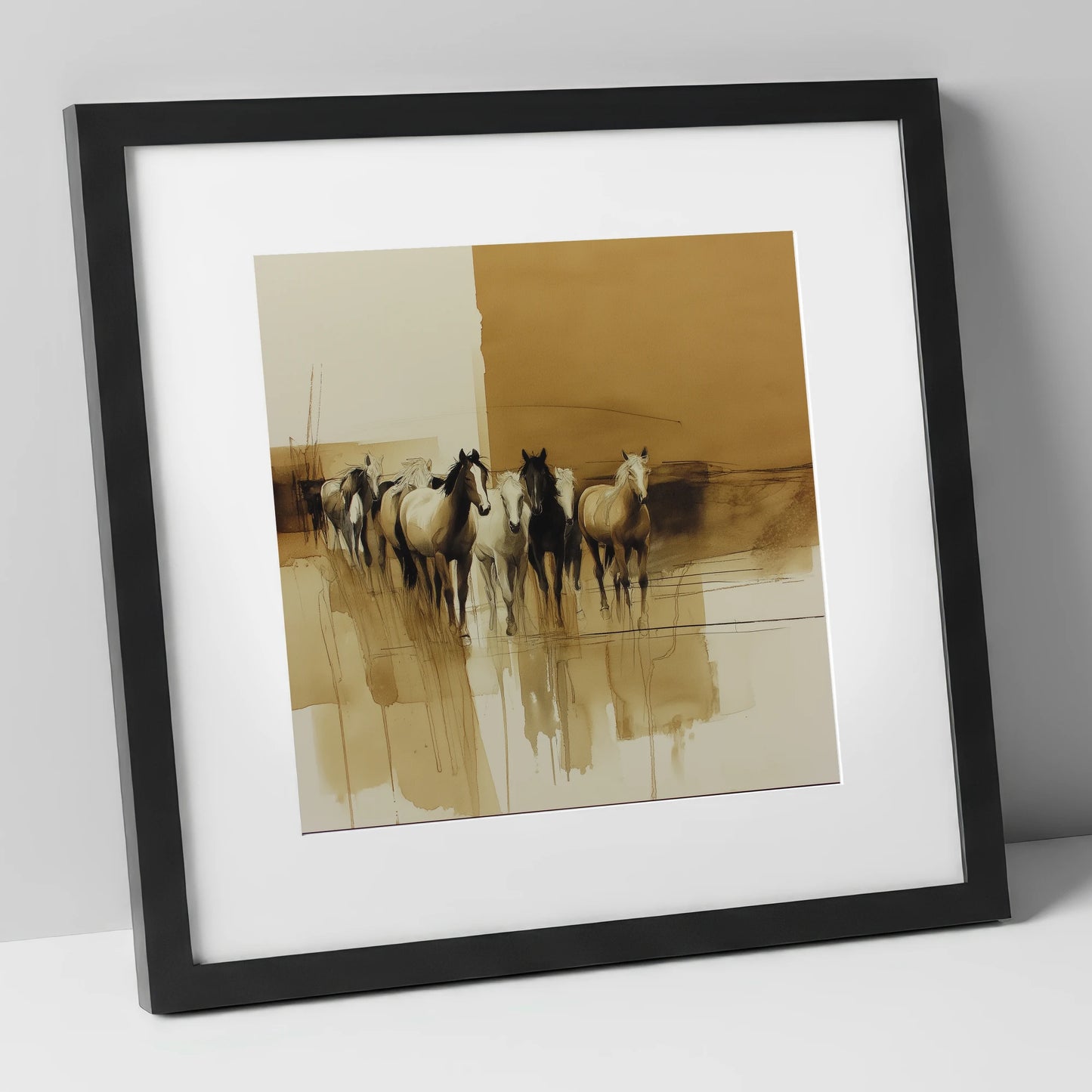 Sepia Herd Advancing wild horses art print in black frame