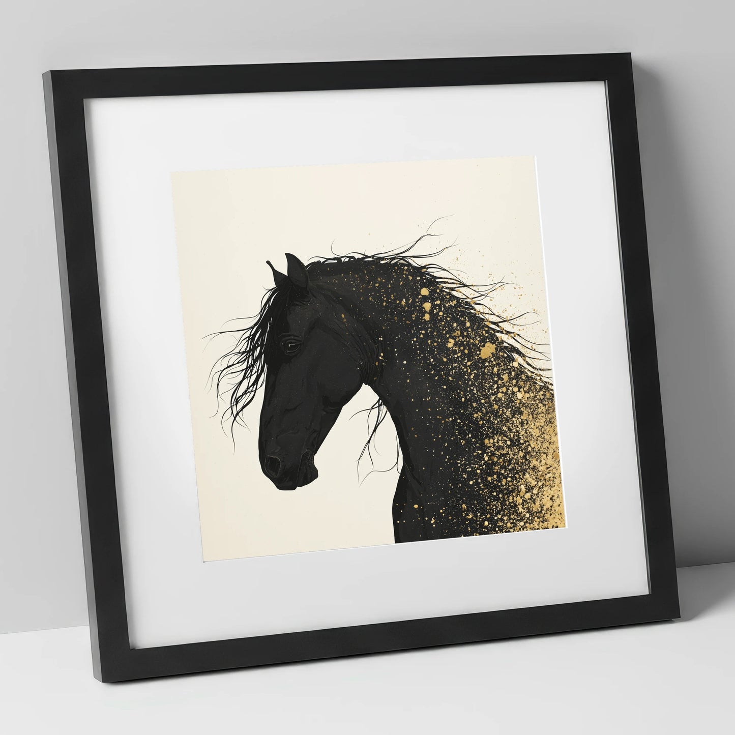 Gilded Midnight horse breed art print in black frame