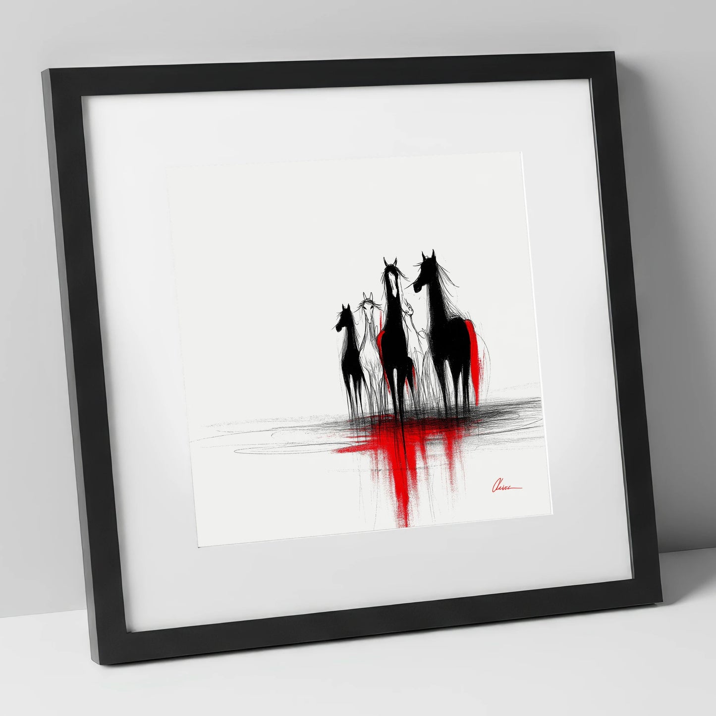 Shadows in Scarlet wild horses art print in black frame