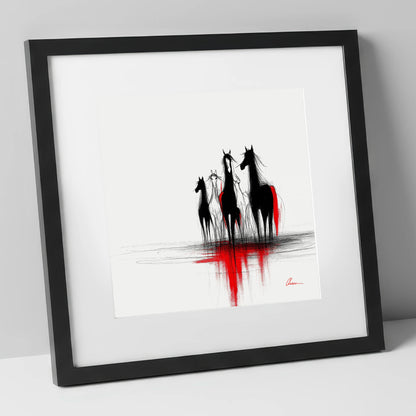 Shadows in Scarlet wild horses art print in black frame