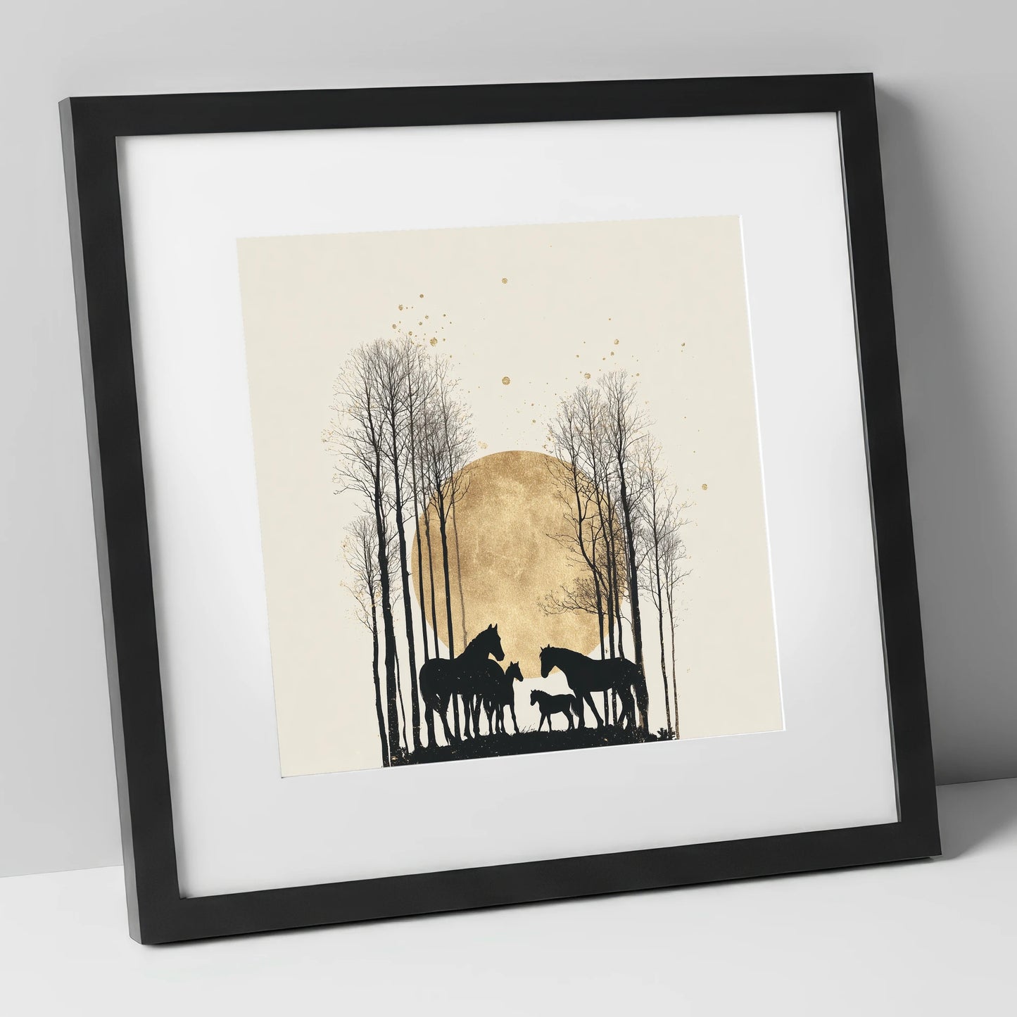 Moonlit Forest Clearing horse landscape art print in black frame