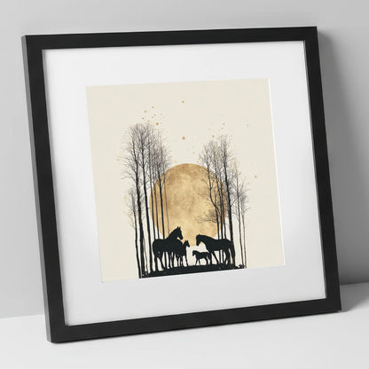 Moonlit Forest Clearing horse landscape art print in black frame