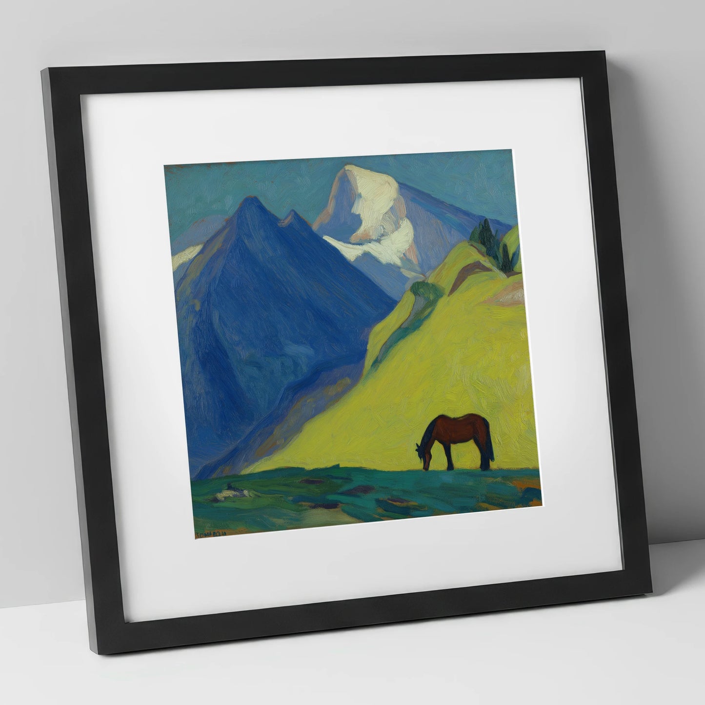 Blue Mountain Pasture horse landscape art print in black frame