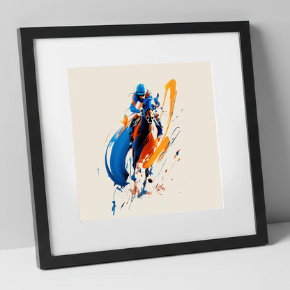 Dynamic Racing Strides racing horse art print in black frame