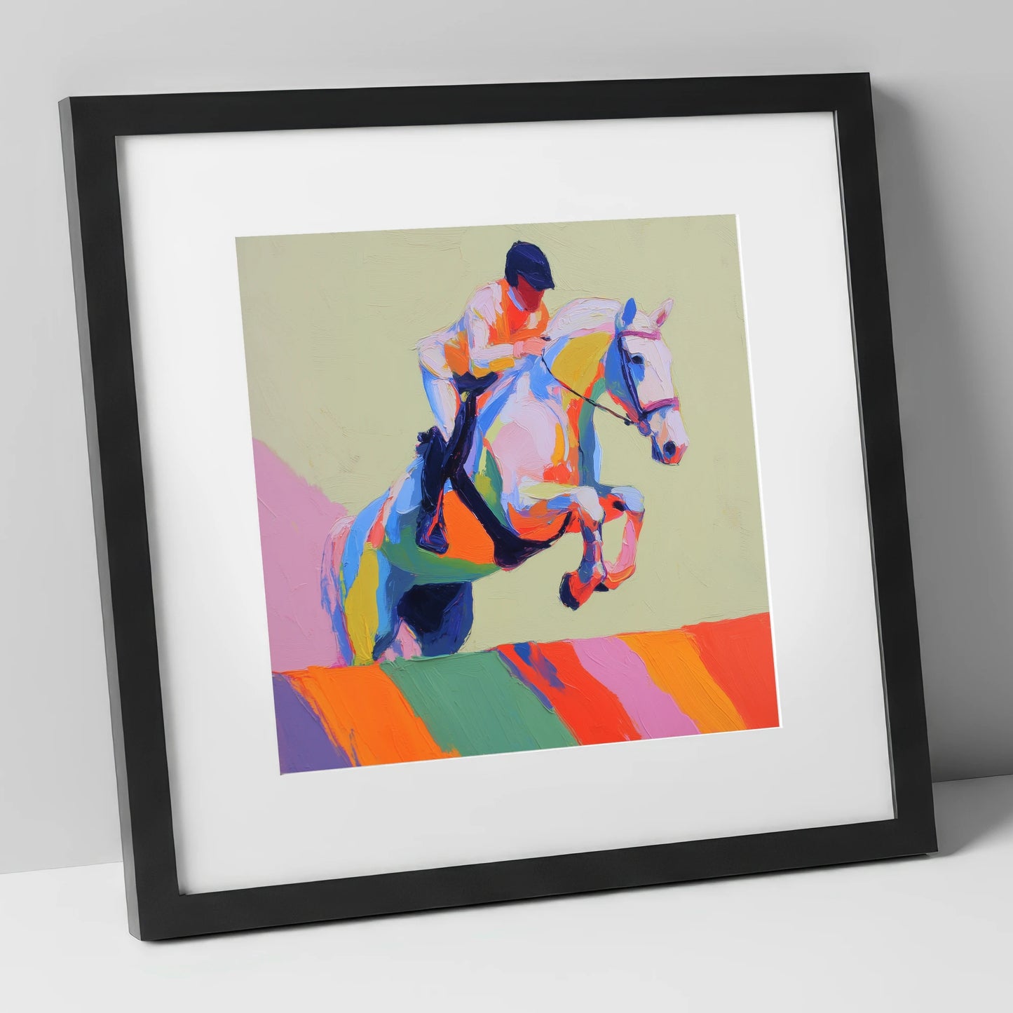 Technicolour Leap show jumping horse art print in black frame