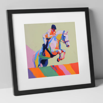 Technicolour Leap show jumping horse art print in black frame