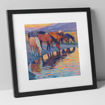 Reflections at Dusk wild horses art print in black frame