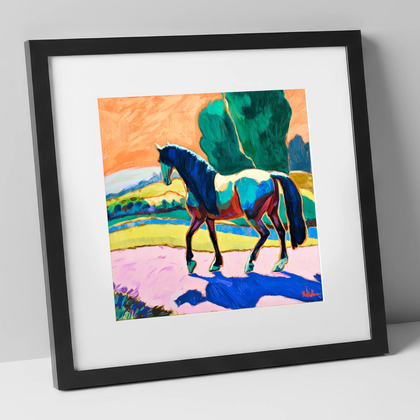 The Cobalt Stride horse breed art print in black frame