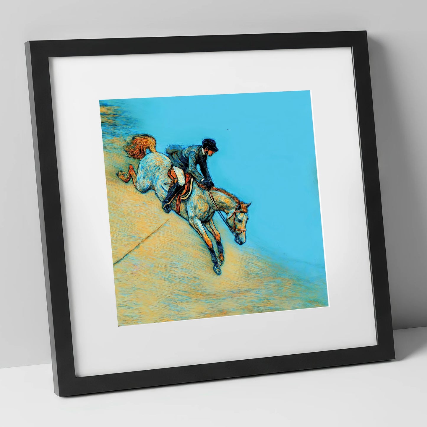 Bold Cerulean Flight show jumping horse art print in black frame