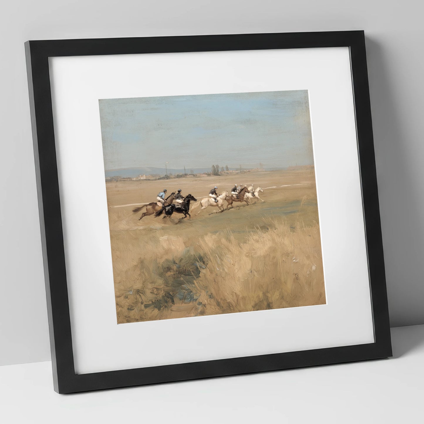 The Morning Gallop racing horse art print in black frame