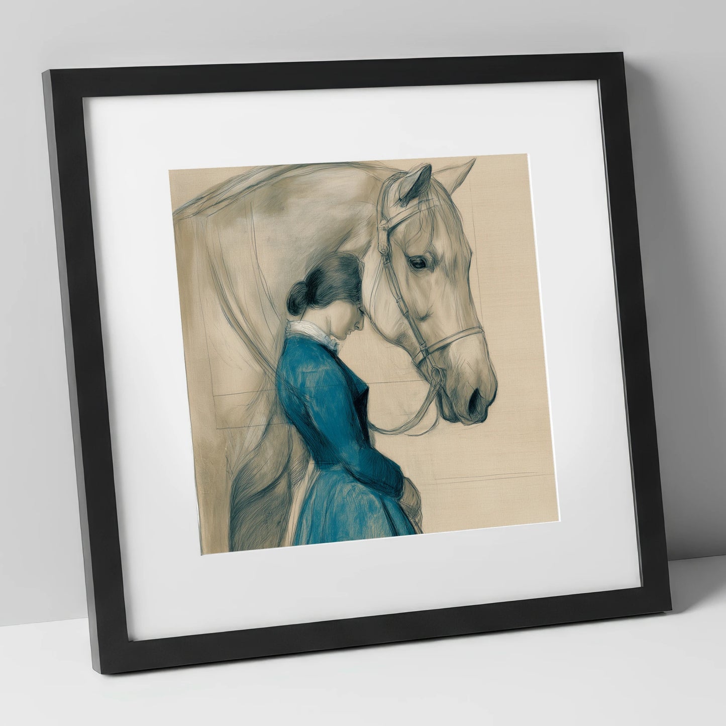 Solace in Stillness horse & rider art print in black frame