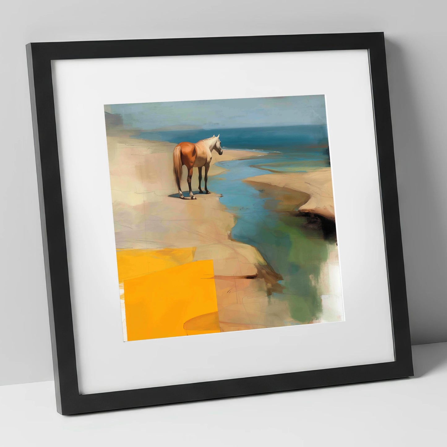 Golden Shoreline Solitude horse landscape art print in black frame