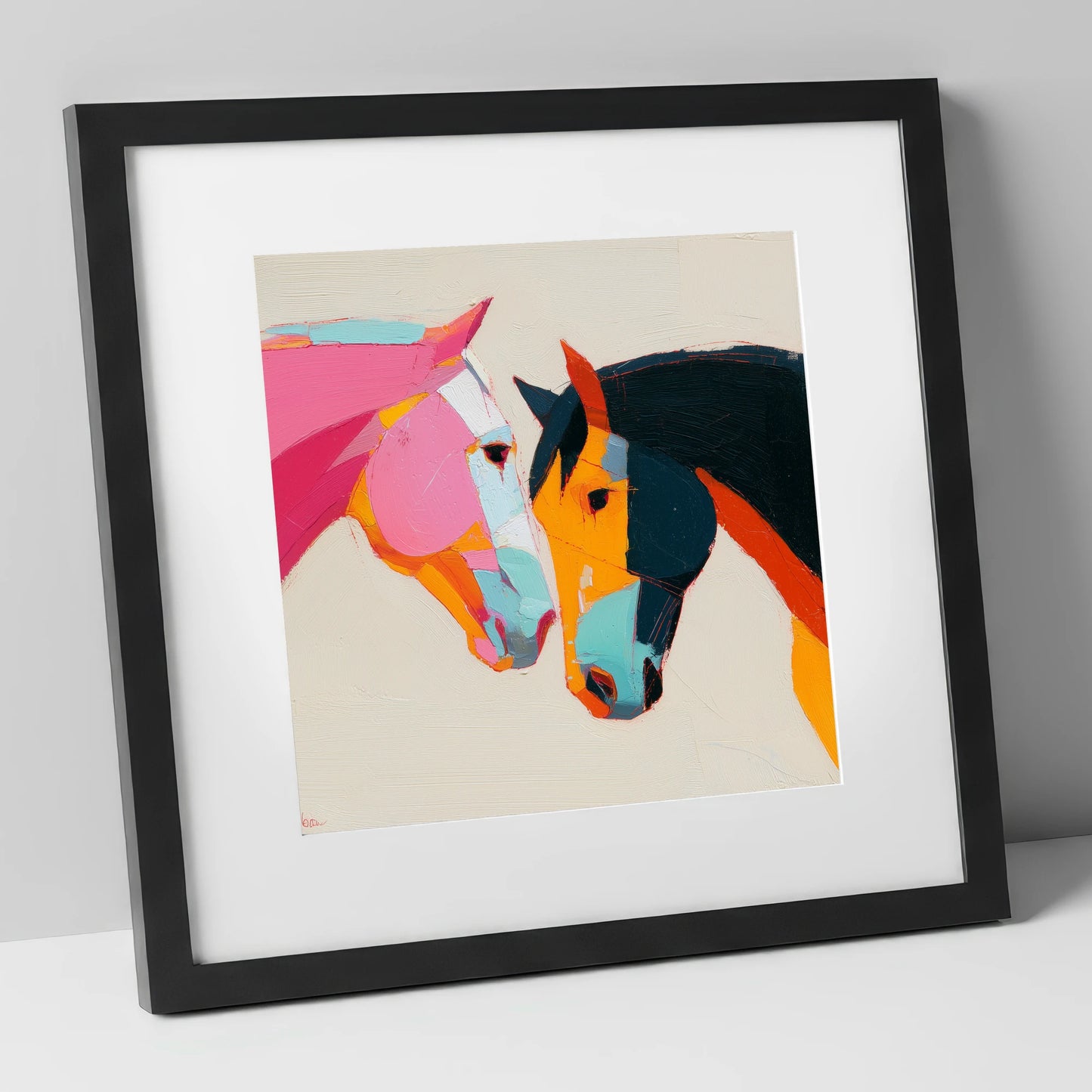 Vibrant Equine Bond horse portrait art print in black frame