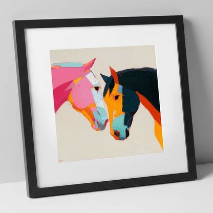 Vibrant Equine Bond horse portrait art print in black frame