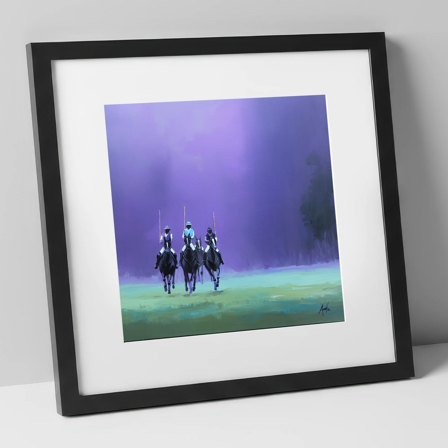 The Violet Charge polo horse art print in black frame