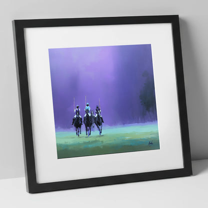 The Violet Charge polo horse art print in black frame